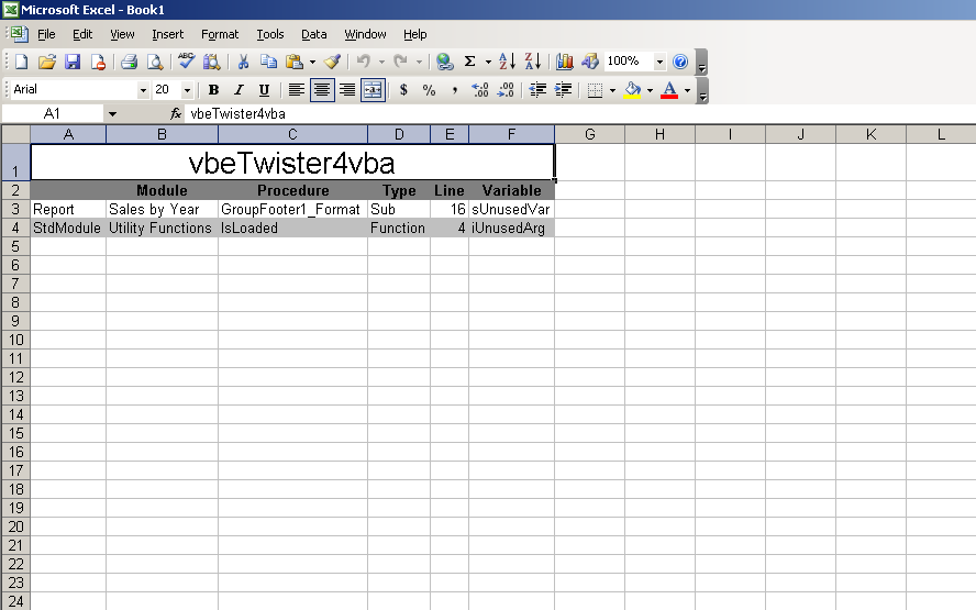 4. Commands: UnusedVariables Excel